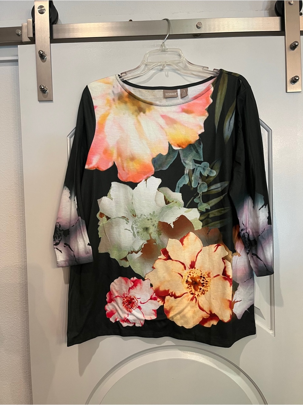 Chico's Black large pastel Floral Scoop-Neck Top. Gorgeous graphic!